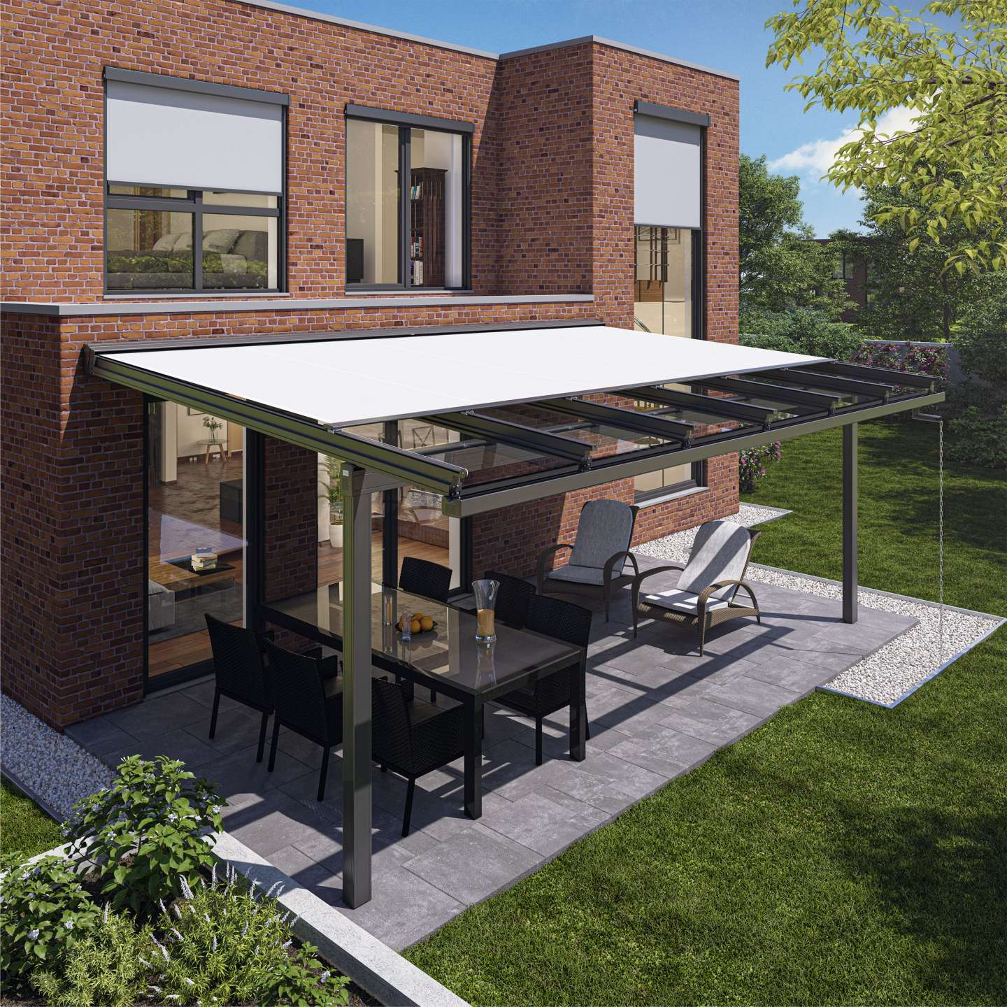 Glas-Terrassendach MURANO INTEGRALE mit ausgefahrener Markise